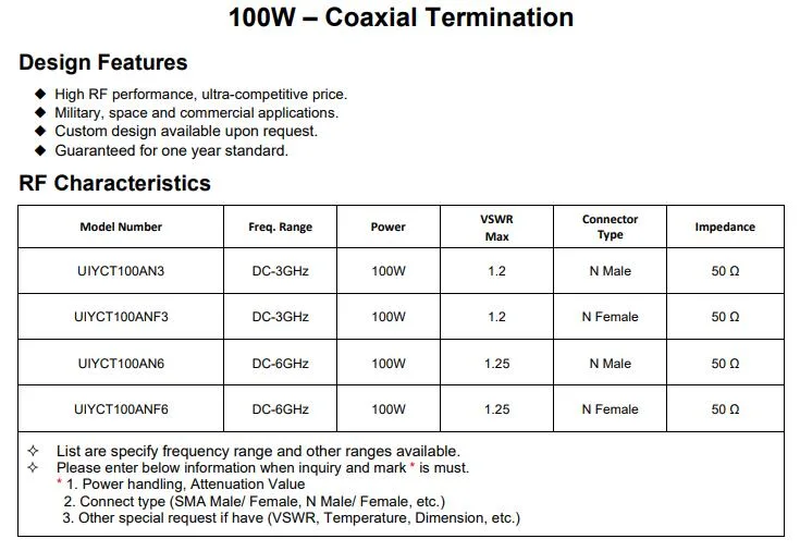 100W DC-3GHz 50ohm N Type Low Pim RF Coaxial Termination/Dummy Load